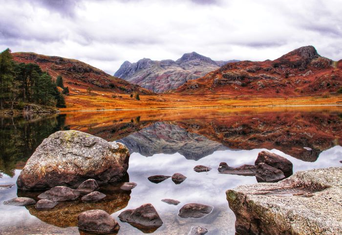 A lake at Blea Tarn in the Lake District, an area of outstanding natural beauty.