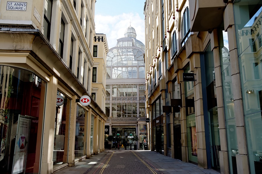 The front of the glass building that is the Victorian Barton Arcade as seen down the street opposite