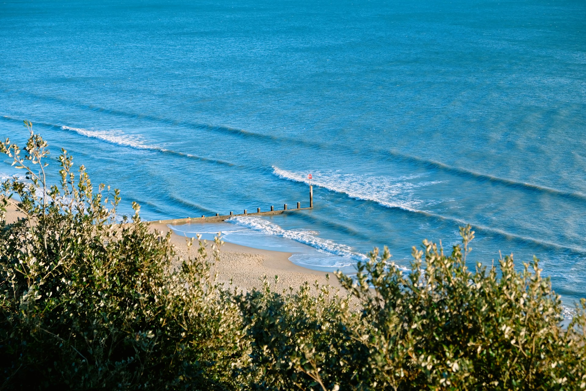 An aerial view of sea and sand at Bournemouth beach