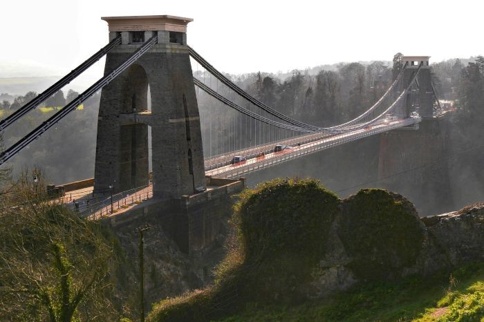 View of Clifton suspension bridge over valley in Bristol