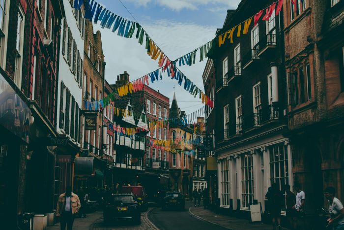 A street in Cambridge with multicoloured bunting