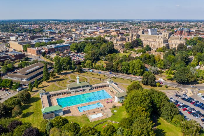 Birds eye view of Peterborough Lido and the city.