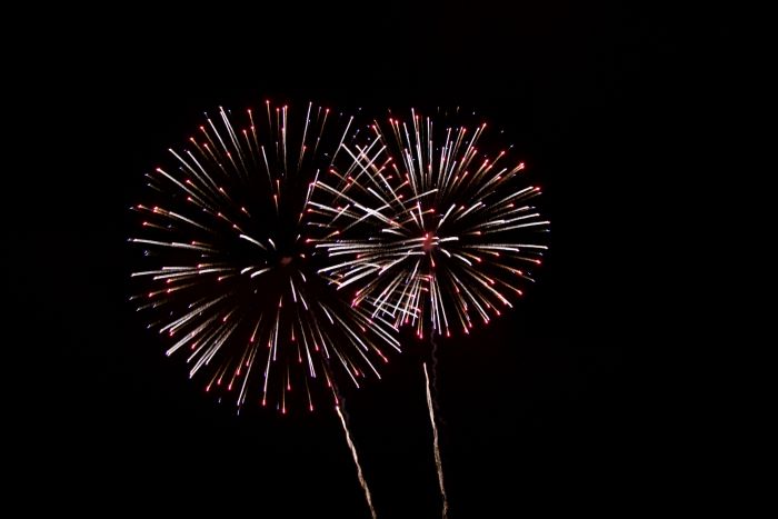 Two red and white fireworks in the night sky