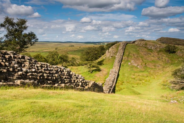 Hadrian’s Wall running through green grassland over hills, with trees lining parts of the path.