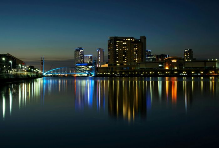 City waterfront at night in Manchester