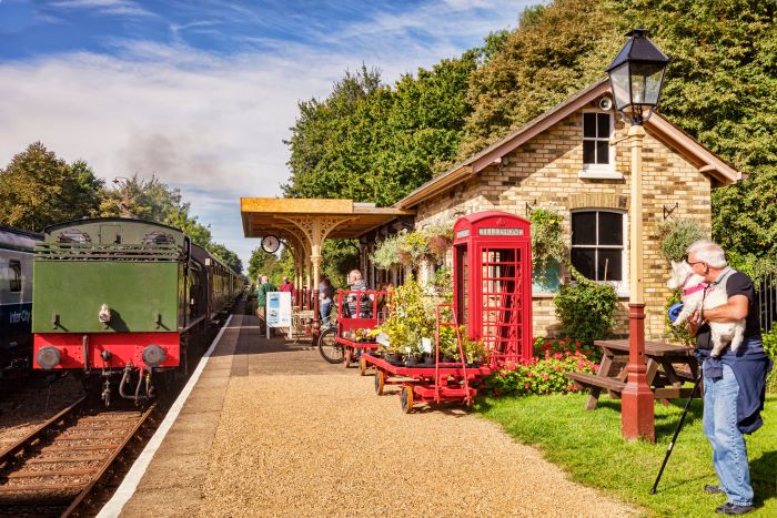Steam train of the Nene Valley Railway at Ferry Meadows Station