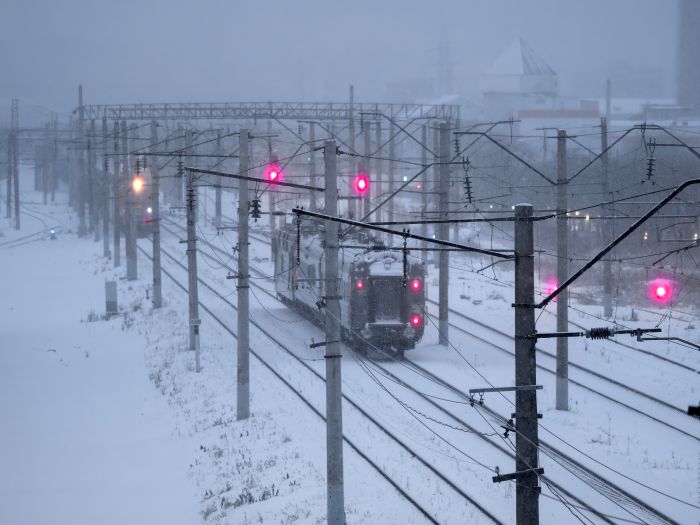 Trains on the Trans-Siberian Railway on a winter evening