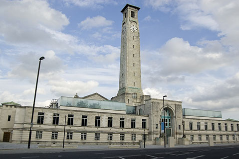 SeaCity Museum in Southampton with a tall grey brick tower in the middle of the building