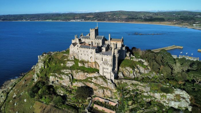 Castle on St Michaels Mount from above with the sea in the back