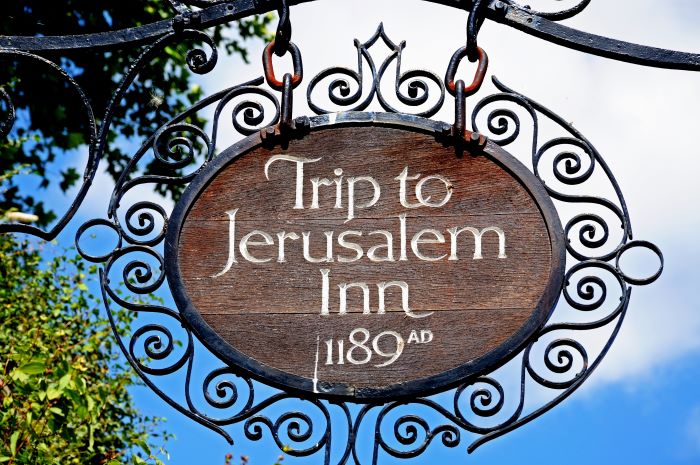 Wooden sign for Ye Olde Trip to Jerusalem Inn