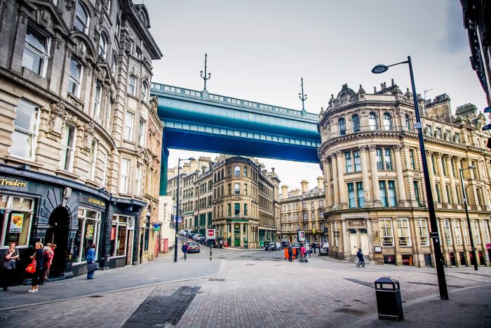 Tyne Bridge over Newcastle city streets.