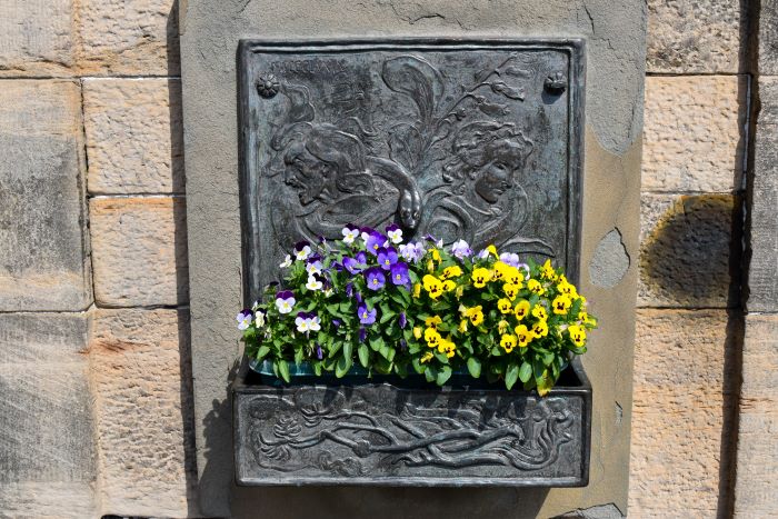 The Witches Well in Edinburgh with yellow, purple, and white flowers.